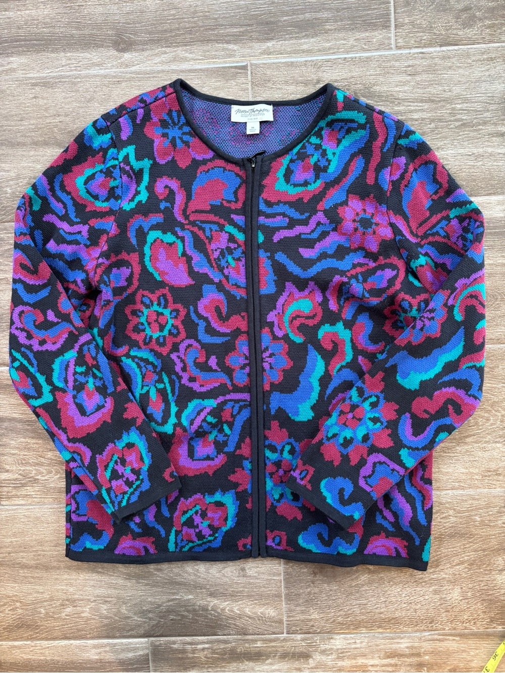 Vintage Norm Thompson Women’s M Full Zip Jewel tone paisley sweater Cotton Blend